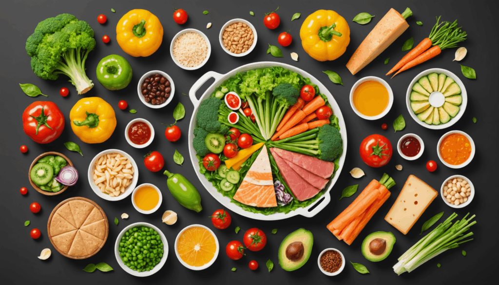 40代の女性がポッコリお腹を気にしている様子。ホルモンの変化や基礎代謝の低下、骨盤の歪みを象徴する要素に囲まれた、穏やかで考え深いシーン。