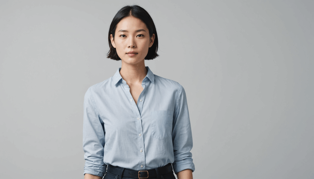 骨格ストレートの女性が、上半身と下半身のバランスの取れたプロポーションを強調し、広い肩と引き締まったお腹を見せているイラスト。