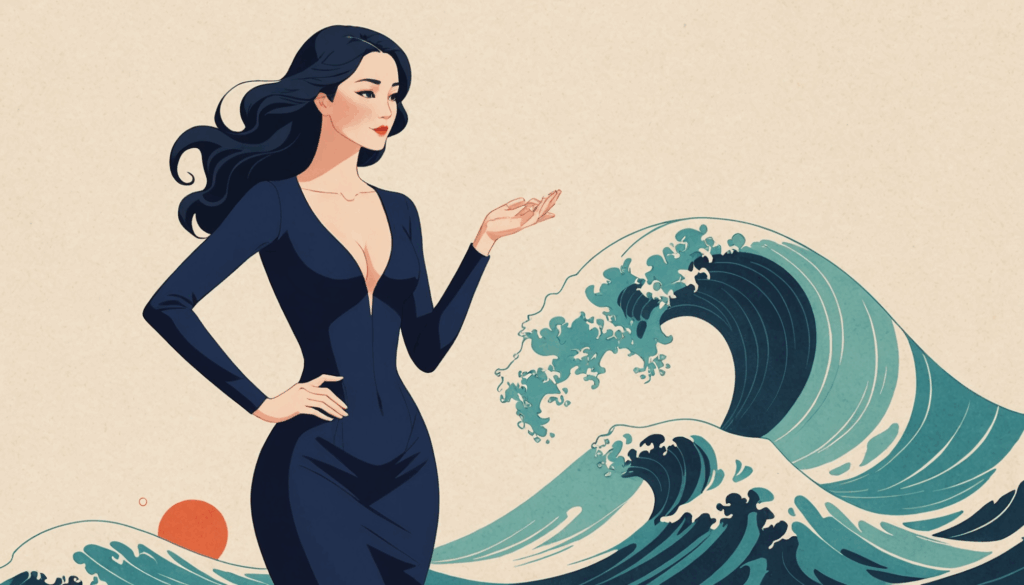 骨格ウェーブの女性が優雅にポーズをとっているイラスト。スレンダーな上半身と曲線的な下半身が強調され、ファッションがウエストを引き締め、下半身を美しく見せています。