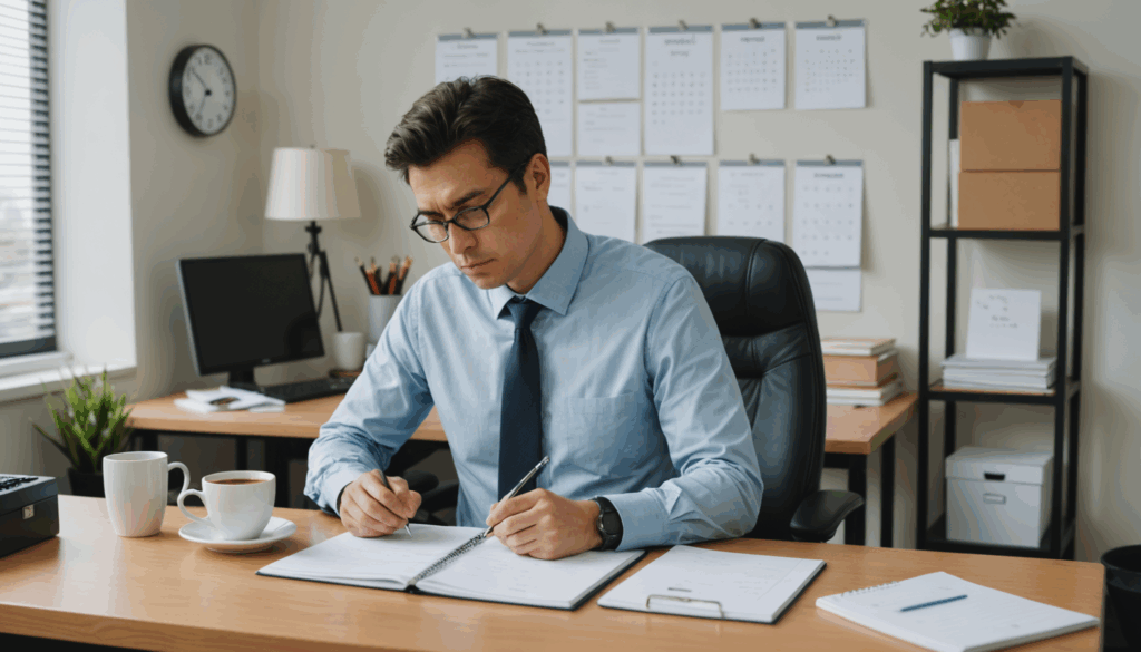 静かなオフィス環境で、退職を考える人物の写真。準備や反省を象徴するノートパッド、コーヒーカップ、カレンダーが描かれている。