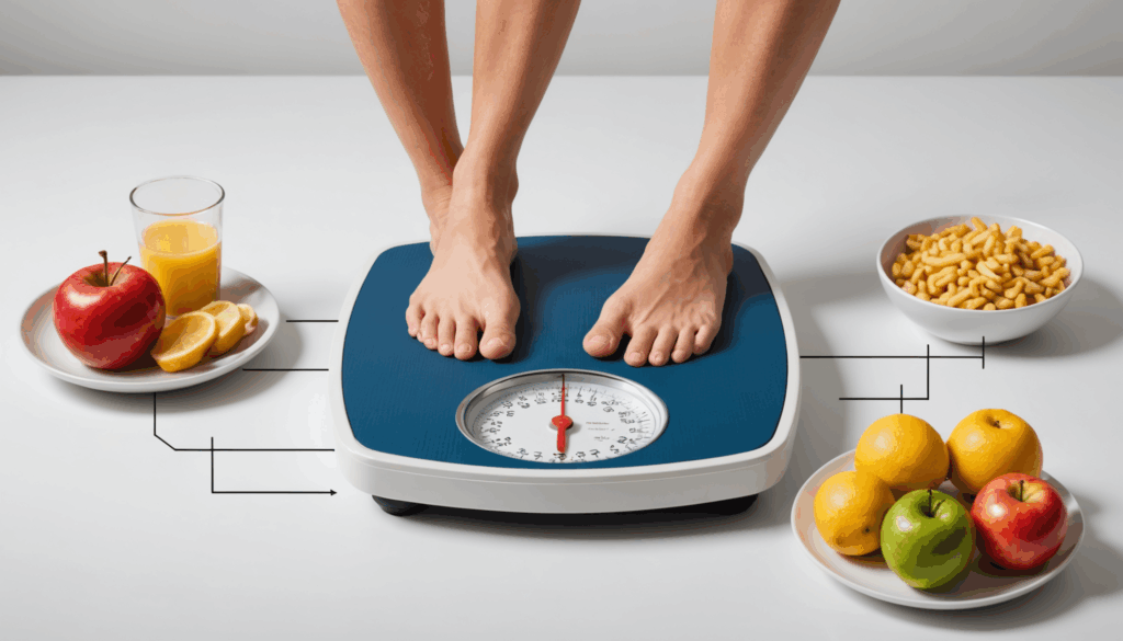 体重のリバウンドを示すイメージ。体重計が揺れ動き、ストレスや基礎代謝の変化を暗示している様子。ダイエットや食事制限の影響を視覚的に表現。