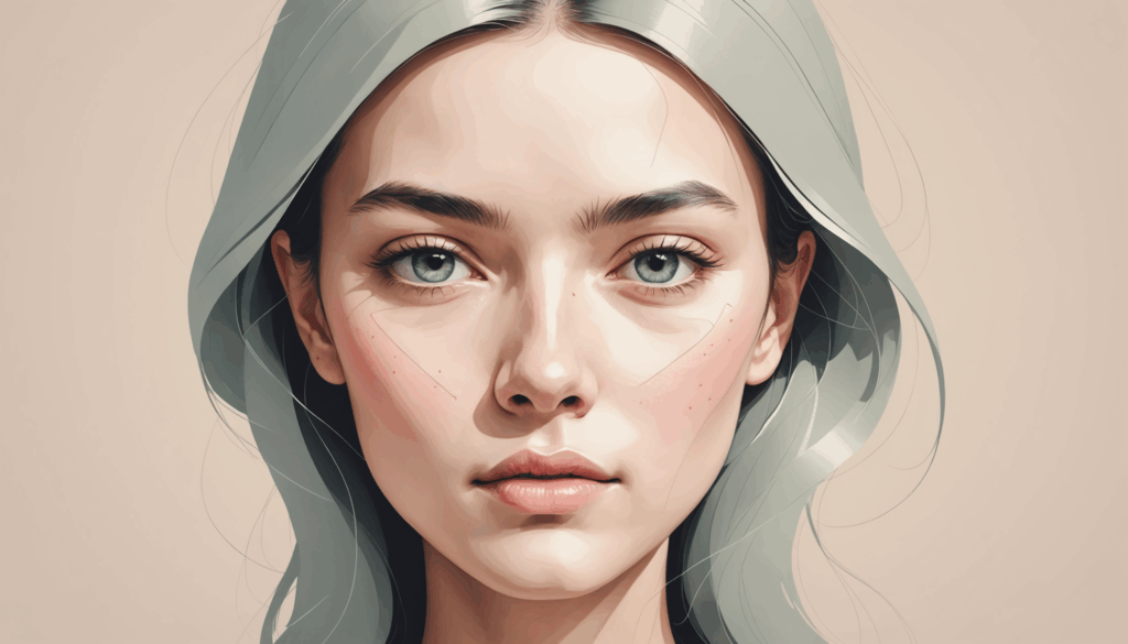 小顔を意識したミニマリスティックなイラストで、表情筋や顔の輪郭を強調したデザイン。顔痩せやむくみ解消に役立つイメージ。