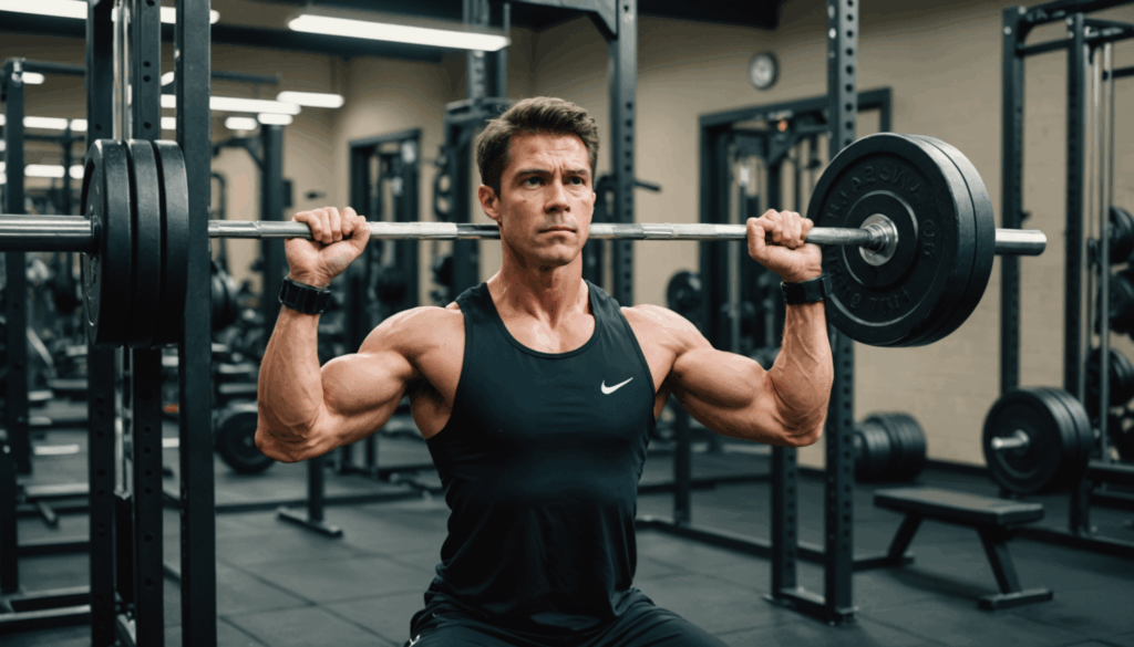 ジムで筋トレをしている人の写真。ウェイトリフティングに取り組む姿が、ダイエットや筋肥大の効果を強調している。