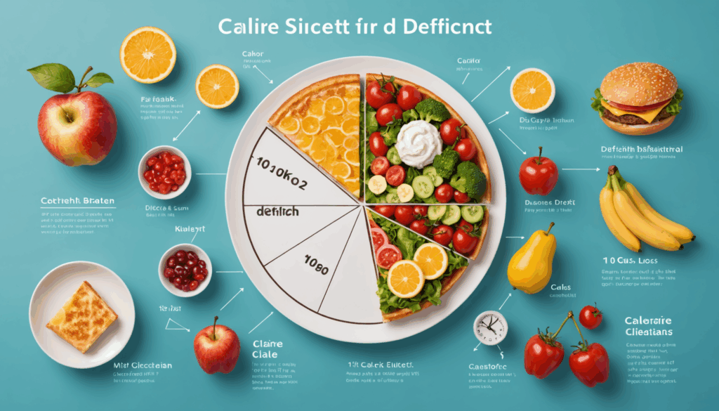カロリー計算と健康的な食事のヒントを示したインフォグラフィックで、10キロ痩せる目標を視覚的に表現しています。