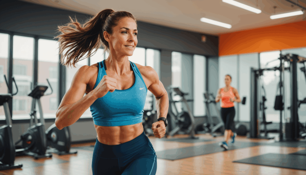 明るいキッチンで、女性が日光を浴びながら水を飲み、ストレッチをしている様子。お腹痩せやダイエットを意識した健康的な朝のルーチンを表現しています。