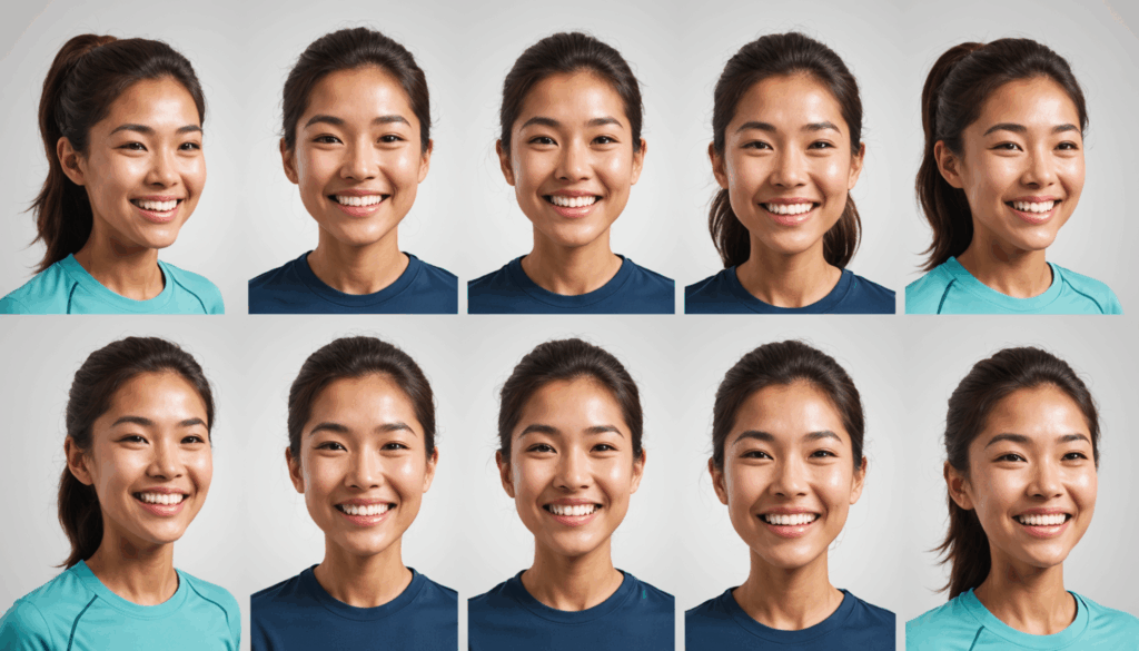 顔痩せを目指すためのエクササイズを行う人物のイラスト。笑顔や舌の動きを通じて小顔効果を狙ったトレーニングの様子。