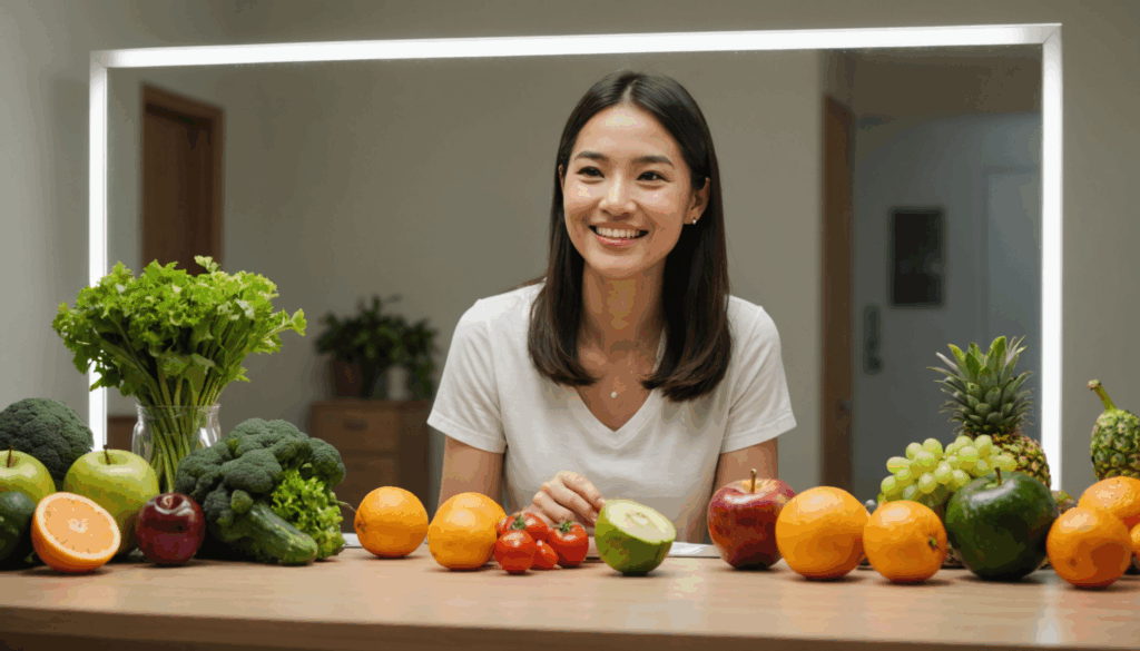 鏡に映る自分を見つめ、笑顔で自信に満ちた様子の人物が、周囲に果物や野菜を置き、ダイエットのモチベーションを高めているシーン。