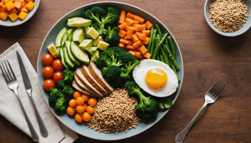 30代女性向けの健康的な食事を示す、たんぱく質、野菜、全粒穀物が盛り付けられたバランスの取れたプレートの写真。ダイエット成功のための栄養豊富な食べ物が色鮮やかに表現されています。