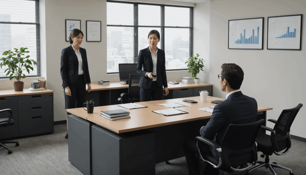 上司と退職について話し合う社員の写真。尊重とプロフェッショナリズムを感じるオフィスの雰囲気が表現されています。