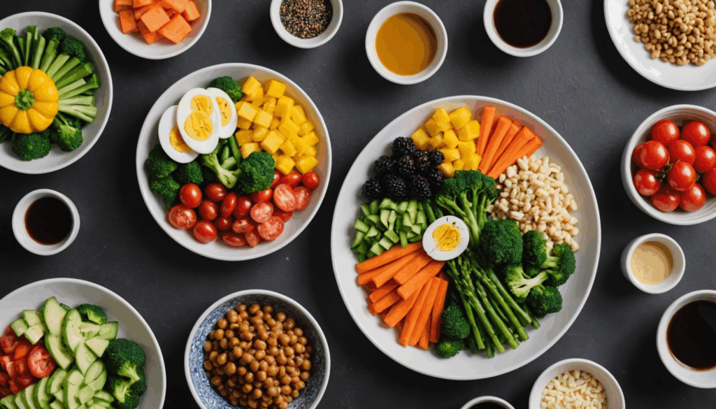 カラフルな野菜や果物、低脂肪のタンパク質が美しく盛り付けられた食事の写真。ダイエットに役立つ栄養バランスの取れた食事を示しています。