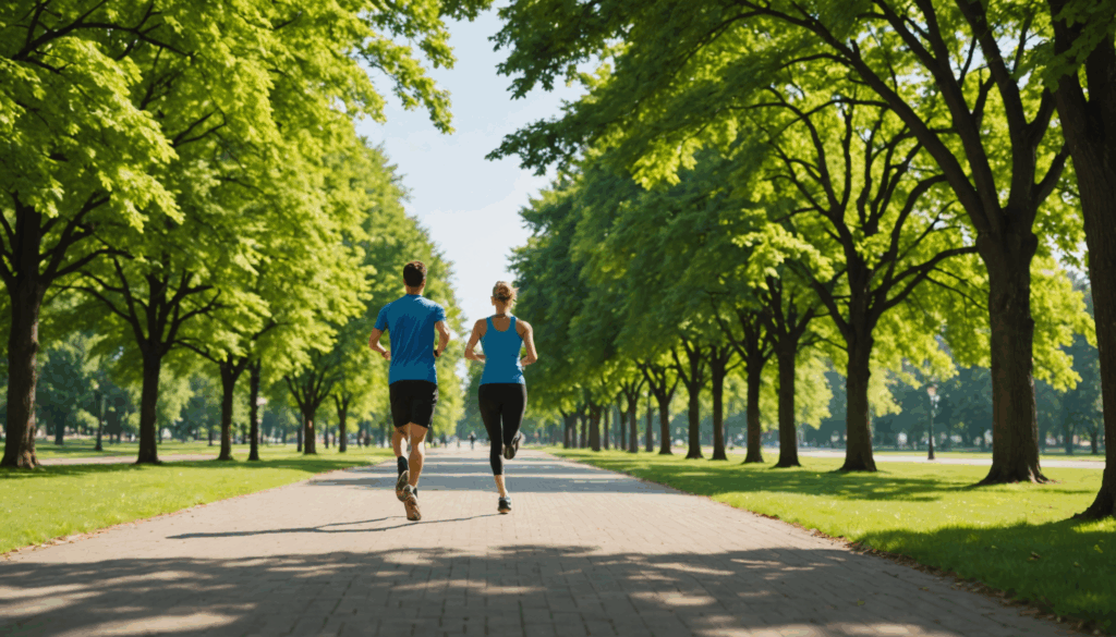公園でジョギングをしている人の写真。自然な風景の中で有酸素運動を楽しむ様子が描かれ、ダイエットや健康的な生活習慣を意識させる