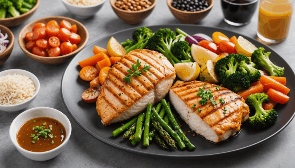鶏胸肉や魚、大豆製品を使った高タンパク・低脂肪の食事が盛り付けられた皿の写真。健康的なダイエットのための食事選びを示しています。
