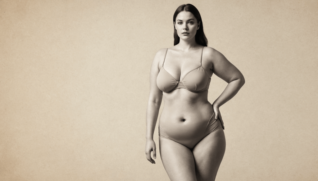 骨格ウェーブの特徴を持つ、上半身が細く下半身がふくよかな女性のシルエットの写真。バランスの取れた体型を強調し、くびれが際立つ印象。