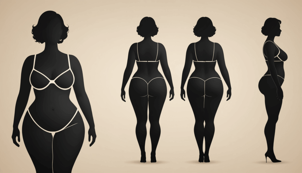 骨格ウェーブの特徴を持つ女性のシルエットが描かれ、ダイエットによる体型の変化を強調したイラスト。