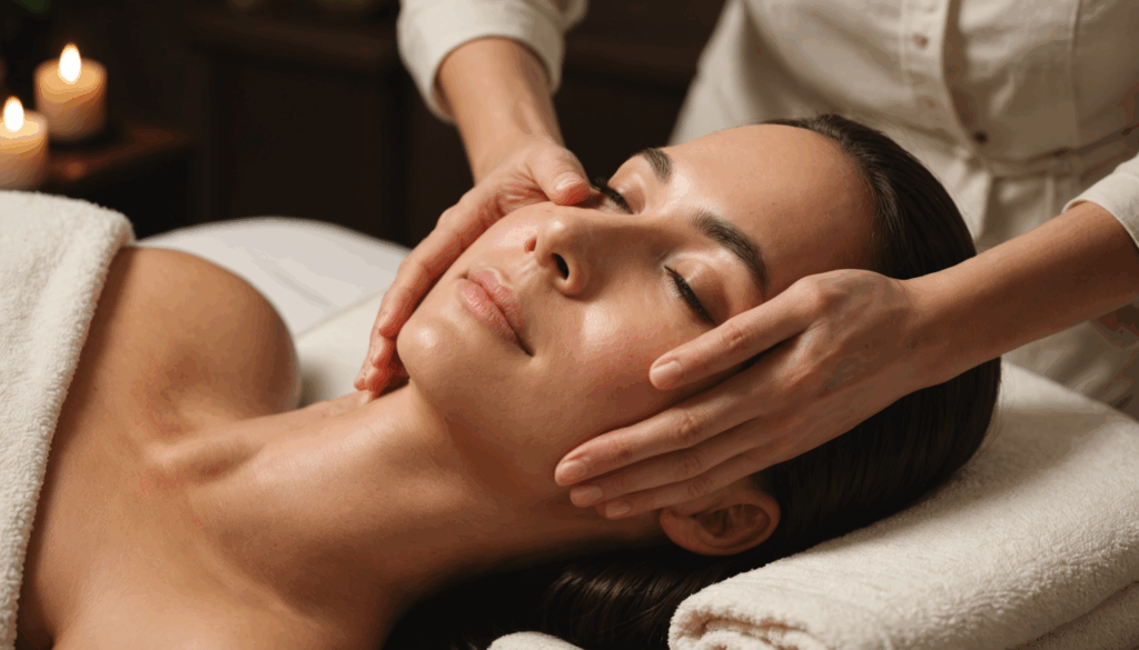 穏やかな雰囲気の中で顔痩せを意識したマッサージを行っている様子。手が顔を優しくマッサージし、リラックスした空間が広がっています。