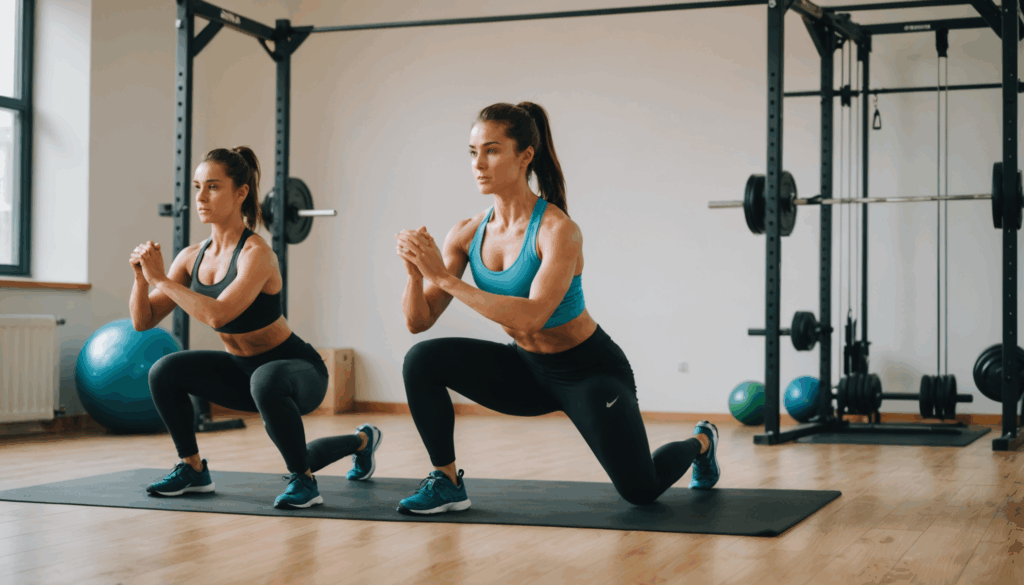 ジムでスクワットとプランクを行う2人の姿。正しい姿勢とフォームに焦点を当て、骨格ナチュラルな体型を目指すダイエットや筋トレの様子を表現。