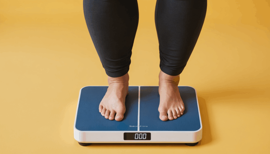 体重計に乗ってダイエットの目標を達成した喜びを表現する人の写真。明るい背景がモチベーションを上げる様子を描いています。