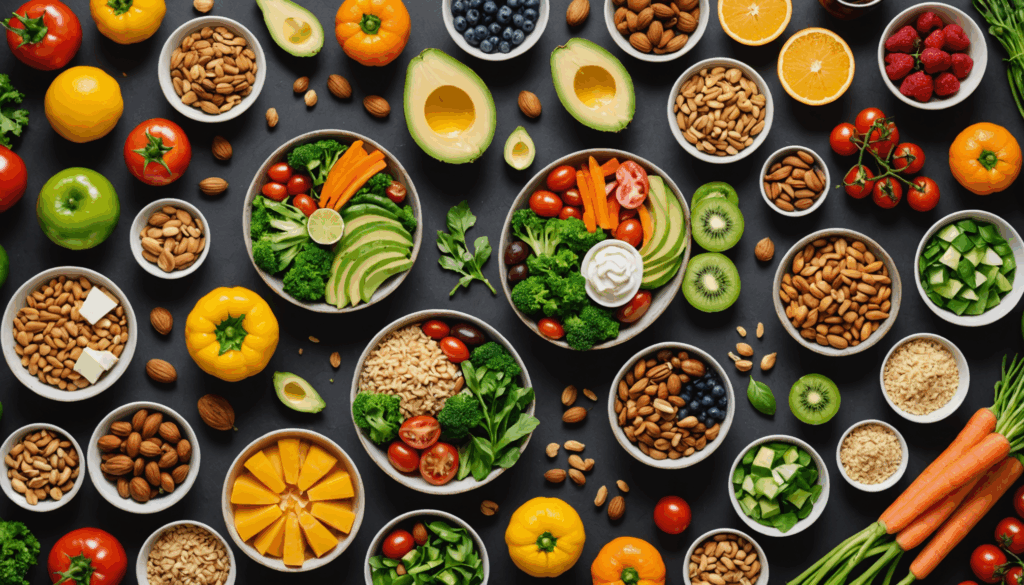 30代女性のための健康的な食事の写真。野菜やタンパク質源、ナッツや果物などのバランスの取れた食事が並び、ダイエットや健康を意識した内容。