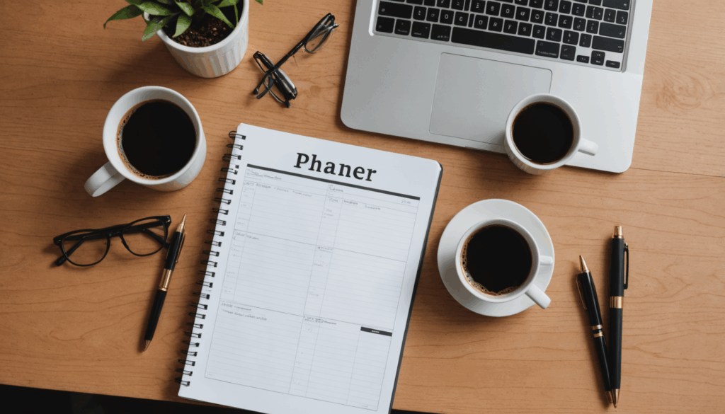 退職後のスムーズな引き継ぎを象徴する、プランナーやノートパソコン、コーヒーカップが置かれたオフィスデスクの写真。