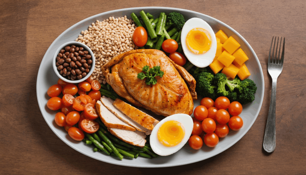 鶏肉、魚、卵、豆類などのたんぱく質源とカラフルな野菜、全粒穀物を盛り付けたバランスの良い食事の写真。ダイエットや筋トレに役立つ栄養が豊富な食事をイメージしやすく表現しています。