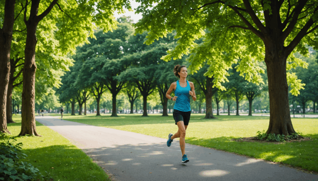 公園でジョギングをしている人の写真。健康的なライフスタイルを体現し、ダイエットや運動の重要性を示しています。