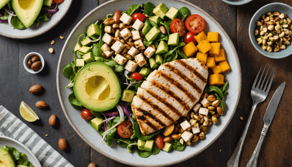 グリルチキン、豆腐、アボカドとナッツのカラフルなサラダの写真。ダイエットにおすすめの栄養バランスの取れた食事を強調しています。
