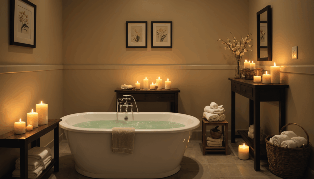 リラックスできるバスルームの写真。半身浴でむくみを軽減するための温かいお風呂とキャンドル、柔らかいタオルが配置されている様子。