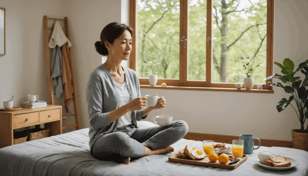 40代の女性が穏やかな朝のルーチンを行っている写真。バランスの取れた食事や優しいストレッチを通じて、ダイエットや健康的な生活習慣を意識している様子。