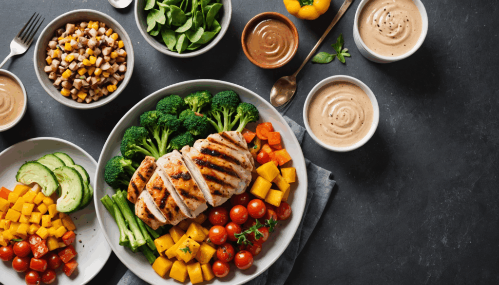 健康的な食事の写真。グリルチキンとカラフルな野菜、プロテインシェイクが並び、ダイエットや筋トレにおすすめの栄養バランスを強調している。