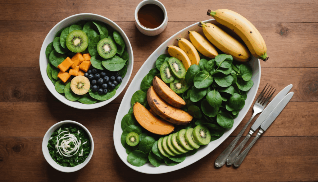 健康的な食事の写真。バナナやほうれん草、サツマイモ、キウイなどのカリウム豊富な食材が木製のテーブルに美しく盛り付けられている様子。顔痩せや小顔に役立つ食生活の一例。