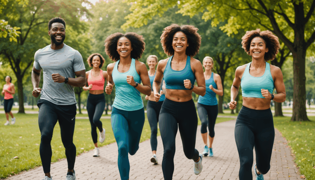 公園で仲間と一緒に運動し、笑顔で励まし合う多様な人々の写真。ダイエットのモチベーションを上げるための継続的な活動を示しています。