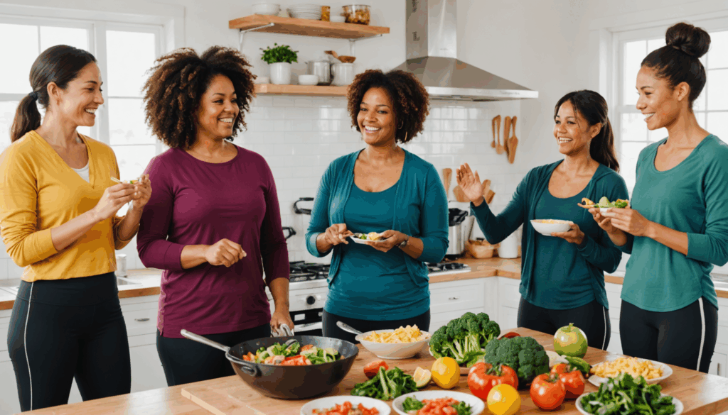 30代の女性たちが健康的な食事を作りながら運動している様子。ダイエットや健康的な生活をサポートするポジティブな環境が表現されています。