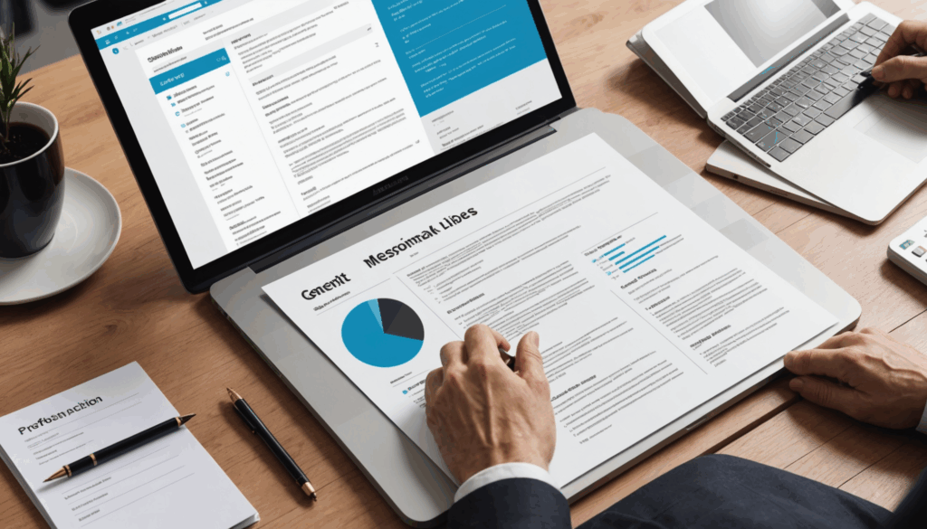 転職活動の様子を描いた写真。履歴書やカバーレター、面接の準備をしている場面が含まれています。