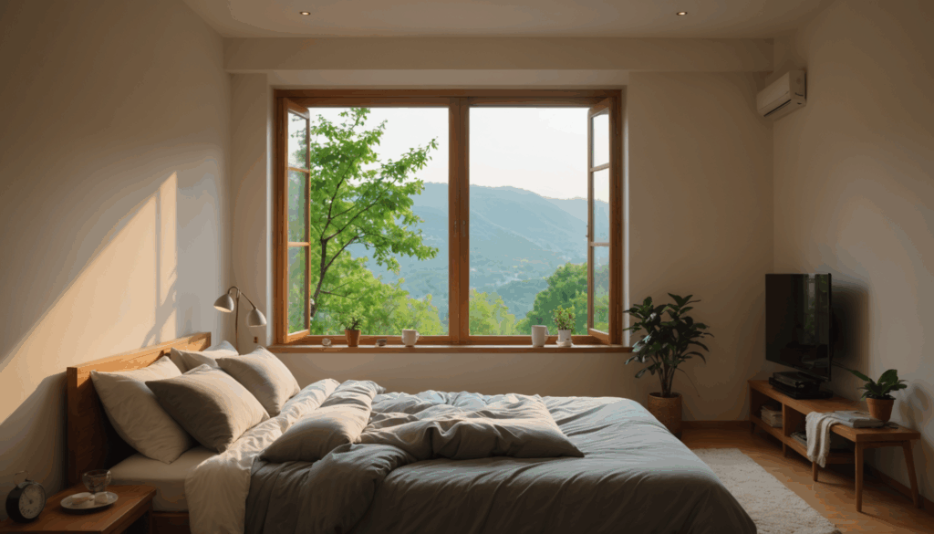 体重計を見つめる真剣な表情の人物が、果物や野菜などの健康的な食事とダンベル、ヨガマットに囲まれ、ダイエットの停滞期を認識している様子。