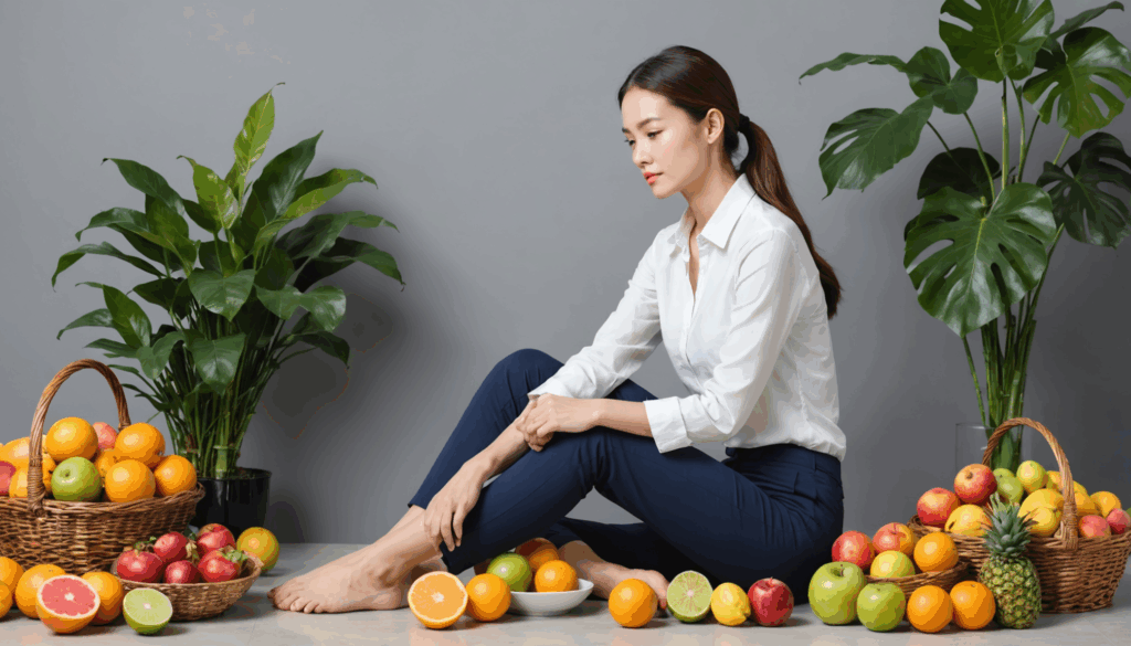 優雅な女性が良い姿勢で座り、立っている様子。脚痩せやむくみ解消のための健康的な習慣を象徴する新鮮な果物や水に囲まれています。