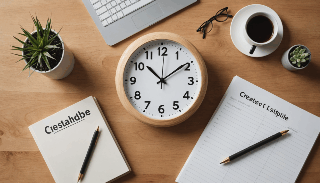 規則正しい生活を象徴する時計、快適な寝室、読書やストレッチを楽しむ様子が描かれた画像。ダイエットや健康を意識した生活スタイルが伝わる。