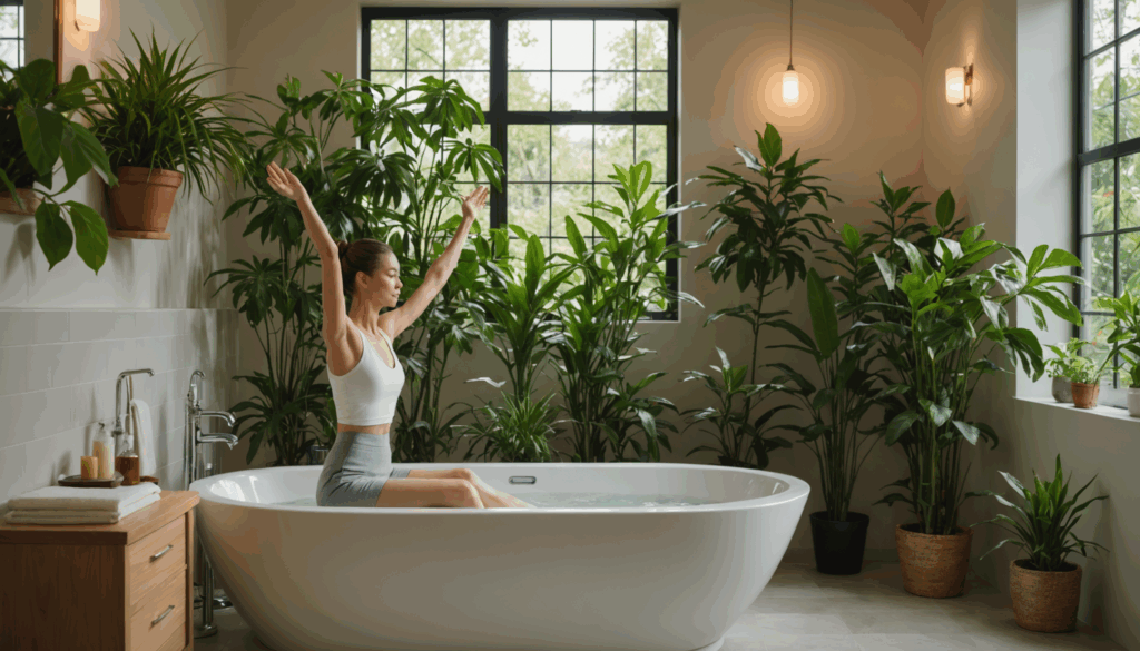 優雅な女性が静かなバスルームでストレッチをしている写真。骨格ウェーブの特徴を活かし、ダイエットや食事に気を使った健康的なライフスタイルを表現している。