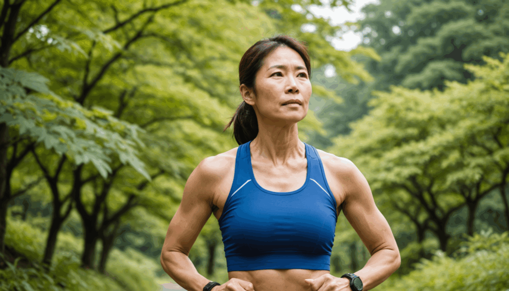 日本の女性が明るい環境で脚やせのための筋トレを真剣に行っている様子。脚やせや太ももに効果的なトレーニングを実践中。
