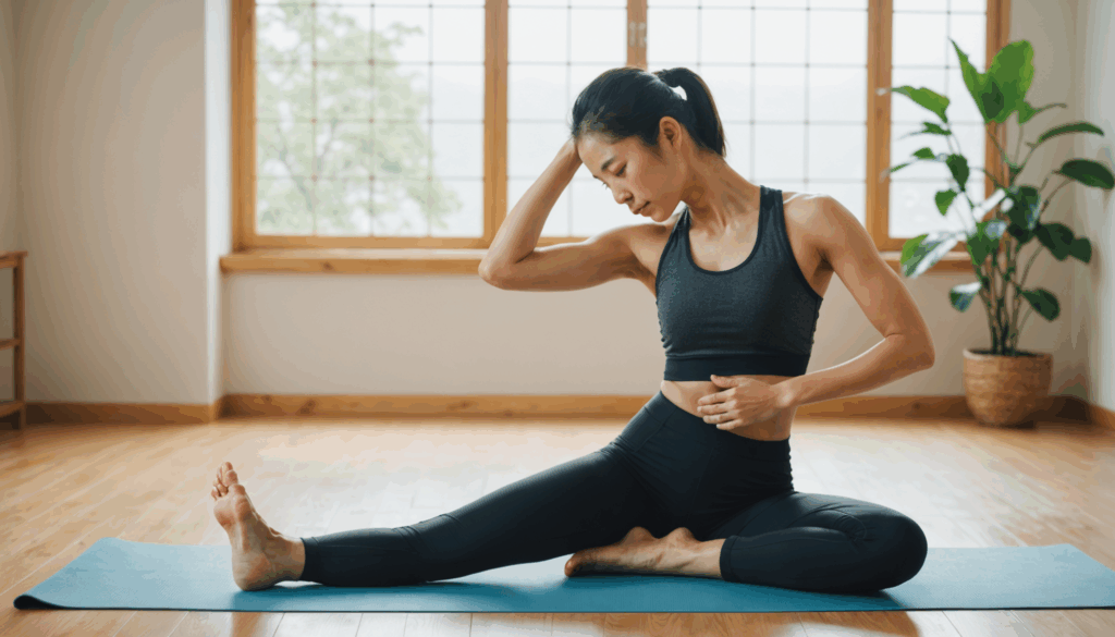 日本人が筋トレ後にストレッチをしている様子。柔軟性と筋肉のリラックスを重視した、心地よい室内環境での健康的な体型作りを表現。