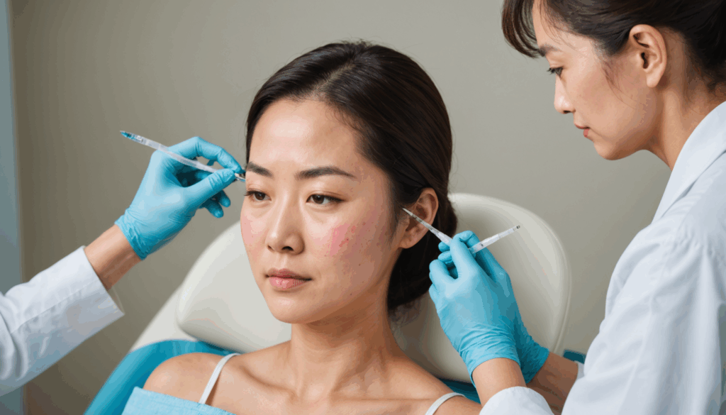 日本人女性が美容クリニックで顔痩せのためのリポサクションやHIFU、脂肪溶解注射を受けている様子。小顔や美しさを強調したシーン。