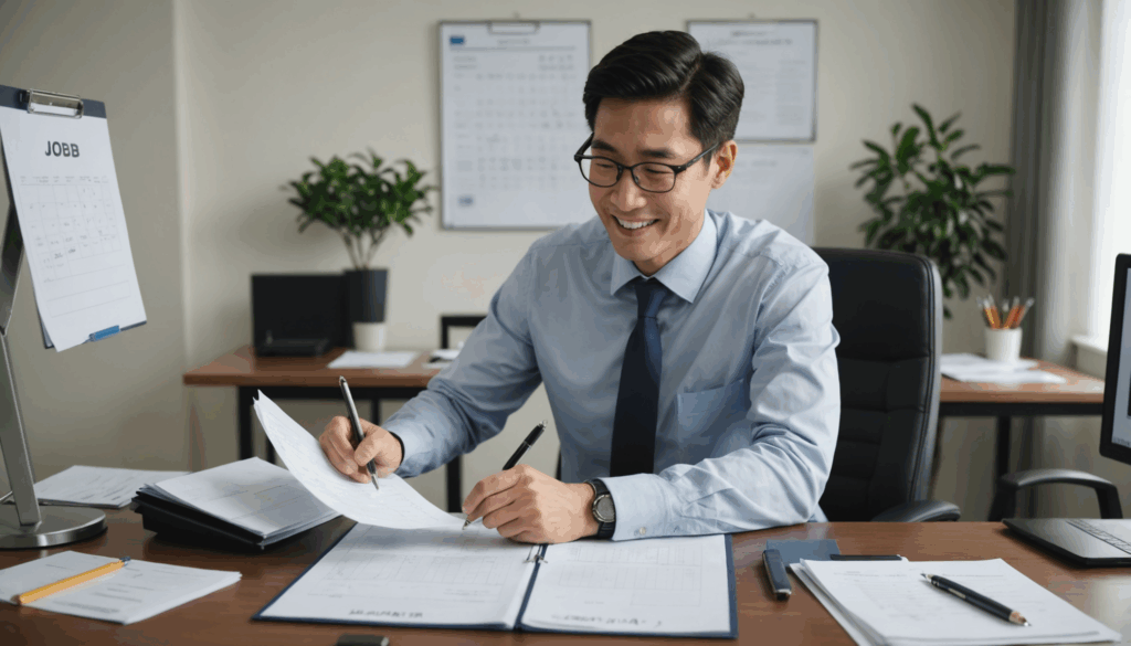 新しい会社の内定を喜んで受け入れる人の写真。退職から転職へのスケジュールや書類が背景にあり、準備のワクワク感を表現している。