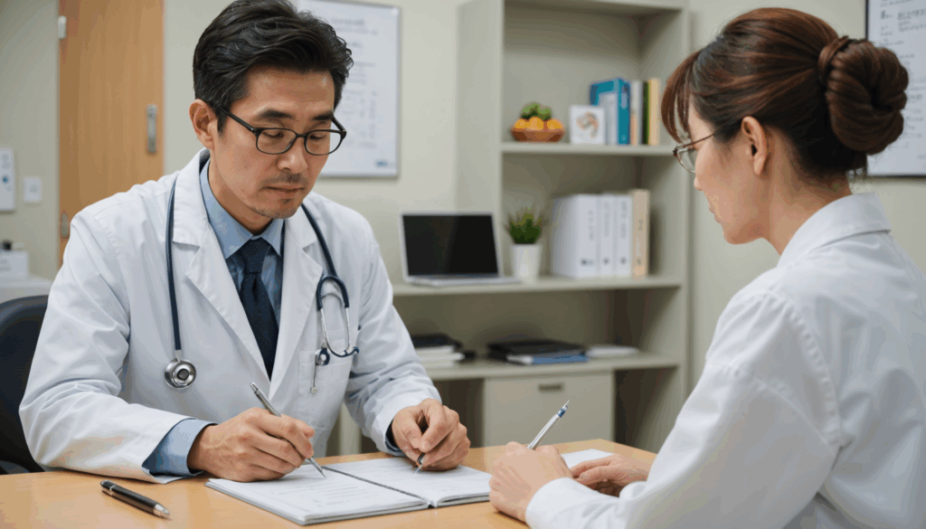 健康的な生活習慣を実践する日本人の写真。バランスの取れた食事や運動、ストレス管理を行っている様子が描かれ、ダイエットや体重管理の重要性を強調しています。