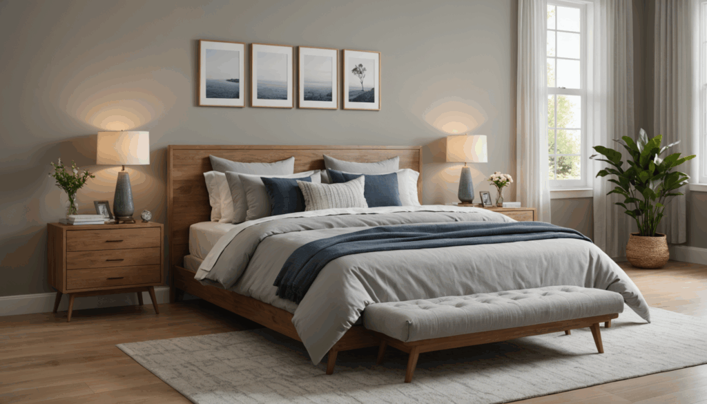 快適なベッドと柔らかな照明、落ち着いたインテリアが揃った静かな寝室の写真。質の高い睡眠を促進する環境が整えてある。