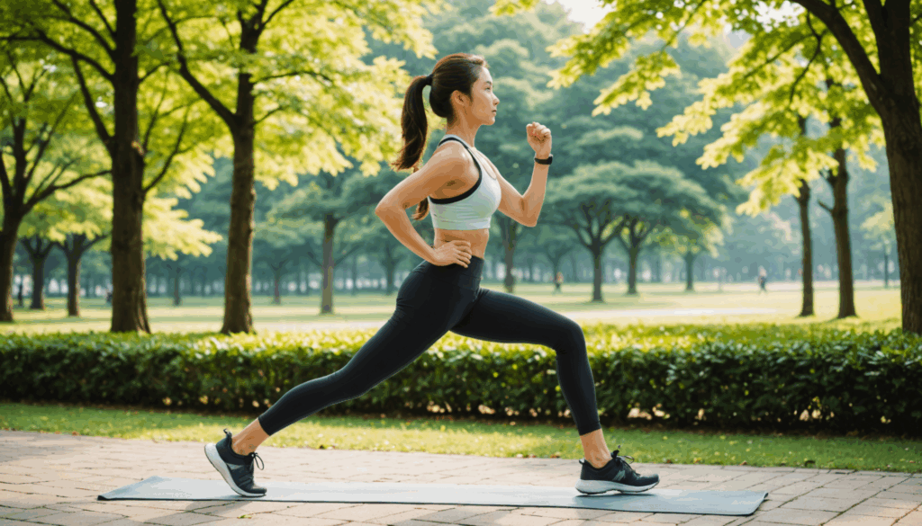 自然の中でジョギングやヨガをしている日本人の写真。健康的なライフスタイルを意識し、ダイエットや運動に取り組む様子が表現されています。