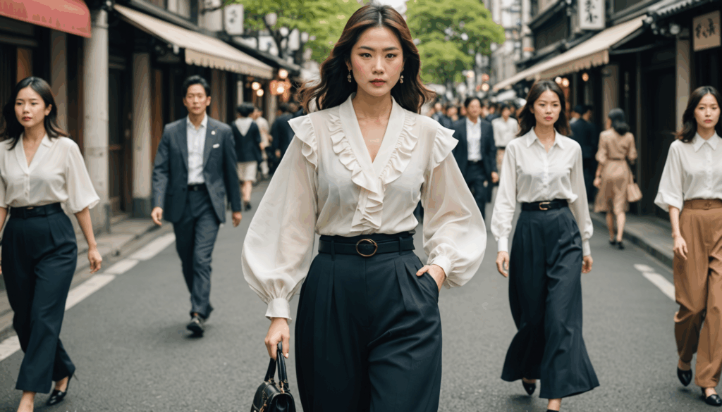 優雅なファッションシーンの写真。骨格ウェーブの女性が、流れるようなシフォンとフリルのトップス、ハイウエストスカートを着用し、体型の特徴を強調している様子