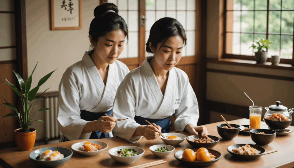 健康的なライフスタイルを送る日本人女性の写真。バランスの取れた食事やスクワットを行い、ダイエットの決意を表現している様子。骨格ウェーブの特徴を活かした体型の引き締めを強調。