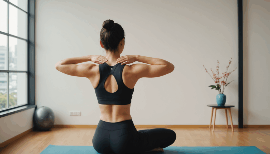 明るい室内でエクササイズをしている自信に満ちた40代女性の写真。お腹痩せを目指し、健康的な生活習慣を実践している様子が伝わる。