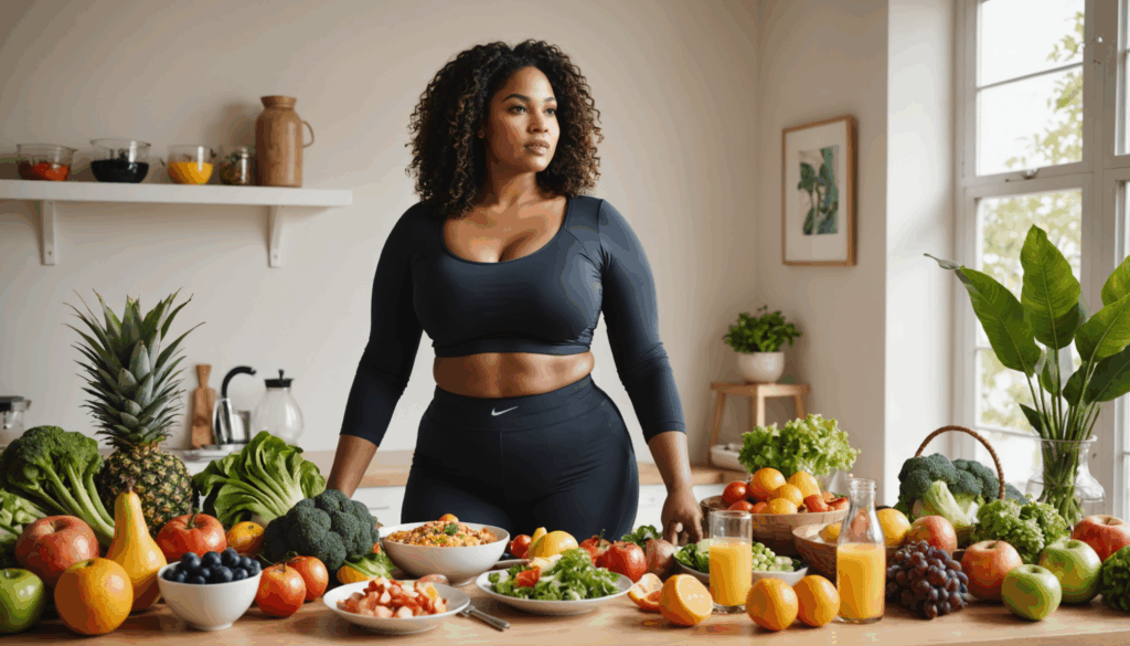 女性の優雅なシルエットが、健康的な食事やフィットネス器具に囲まれた明るい環境で、骨格ウェーブの特徴を強調しています。