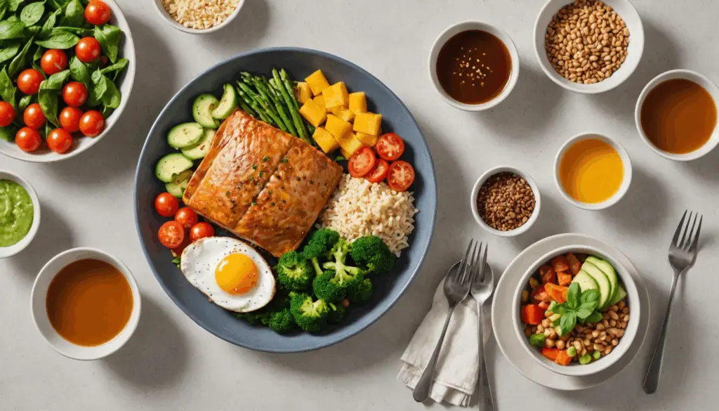 高品質のタンパク質と食物繊維が豊富な健康的な食事の写真。40代女性がダイエットを成功させるための生活習慣をサポートする穏やかな家庭環境が背景にある。