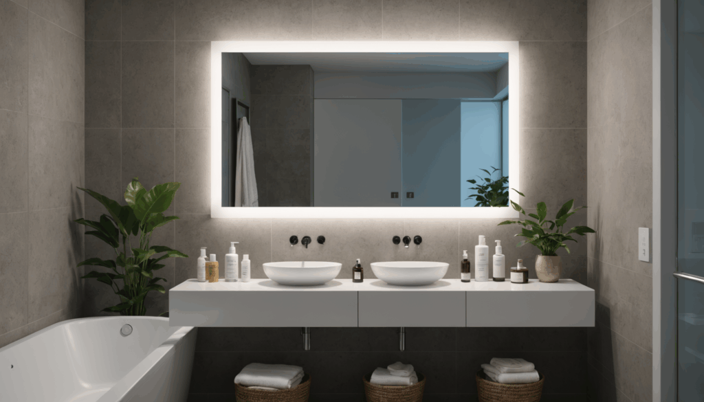 スキンケア製品が並ぶミニマリストなバスルームの写真。鏡に映る美しい顔は、顔痩せや小顔を意識したケアを感じさせる。